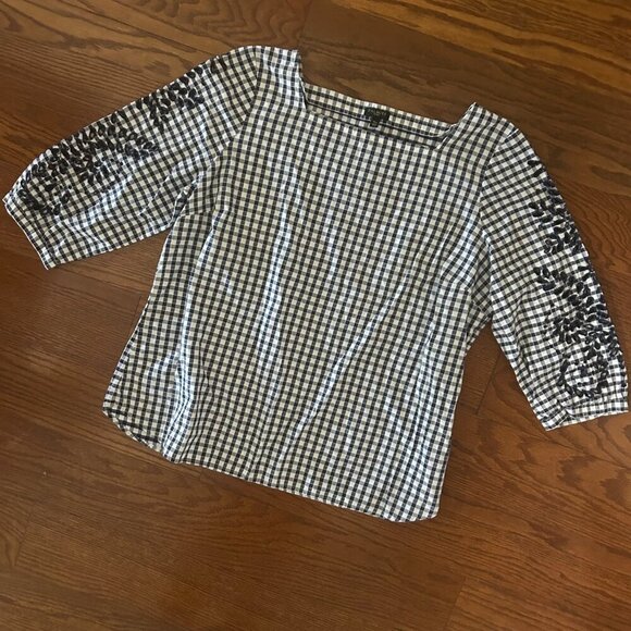 Talbots Navy Gingham Eyelet Trim Blouse Size XL Petite Square Neck 3/4 Sleeves - Picture 4 of 13